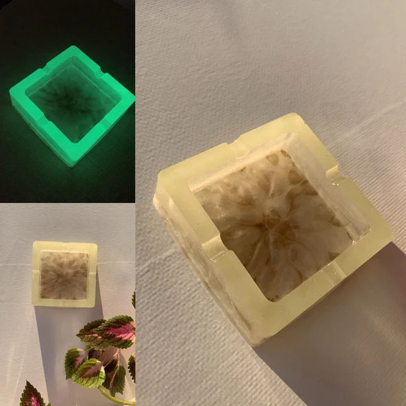 Fosforlu Neon Yeşili Sedefli Ve Gold Süslemeli Kare Şeklinde Küllük El Yapımı Epoksi Hediyelik ürün görseli 1