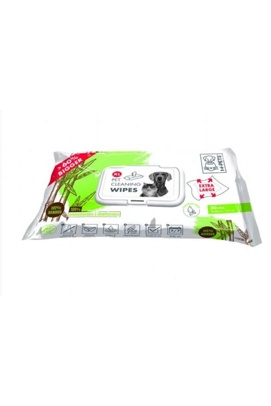 M-PETS BAMBOO XL KEDİ/KÖPEKLER İÇİN TEMİZLEME MENDİLİ 30LU ürün görseli 1
