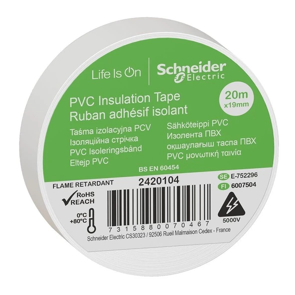 Schneider Beyaz PVC İzole Bant 20mt*19mm 2420104 ürün görseli 1