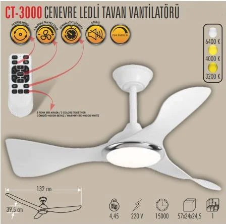 CATA CT-3000 CENEVRE LED TAVAN VANTİLATÖR SESSİZ BEYAZ ürün görseli 1