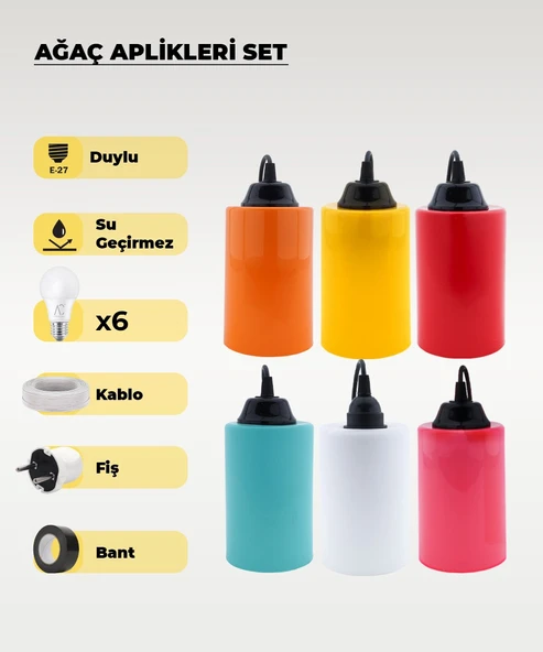 Hazır Set Karışık Renk Ağaç Feneri - 6 Adet (Sarı Işık Ampul, Kablo, Fiş ve Bant Dahil) ürün görseli 1