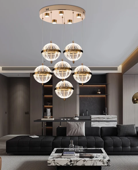 Barkın 6'Lı 40 Watt Yuvarlak Gold Ledli Modern Salon Avize ürün görseli 1