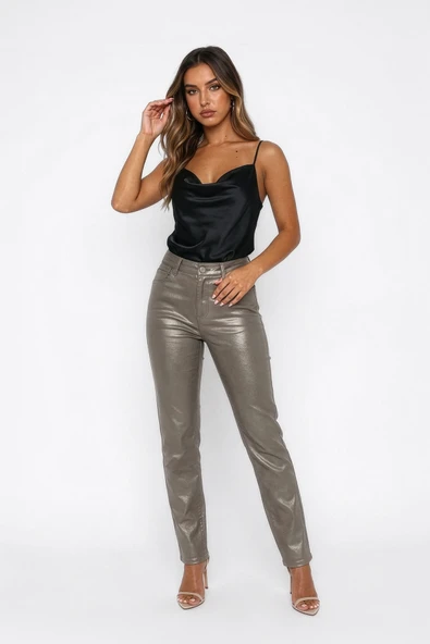 Kadın Yüksek Bel Parlak Mum Kumaş Straight Fit Jean Pantolon ürün görseli 1
