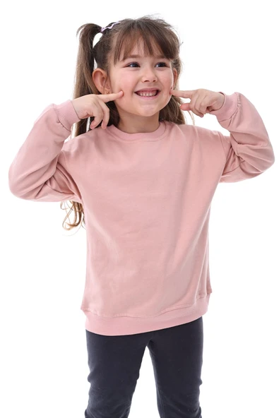 Basic Bisiklet Yaka Şardonlu Çocuk Sweatshirt 3-12 Yaş Pudra ürün görseli 1