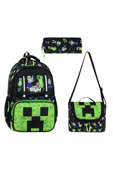 İlkokul Çantası MineCraft 3'lü Set 42*30 Cm Beslenme Çantası Kalem Kutusu Ortopedik Erkek Çocuk ürün görseli 1