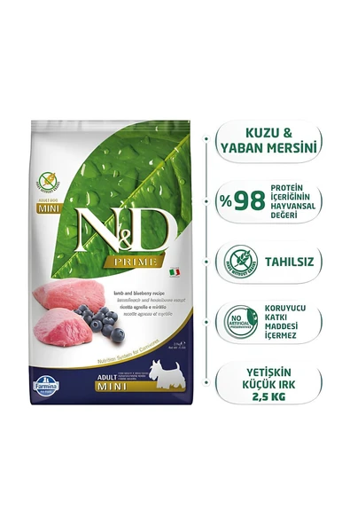 N&D Prime Kuzu Etli Yaban Mersinli Küçük Irk Tahılsız Yetişkin Köpek Maması 2,5 kg ürün görseli 1