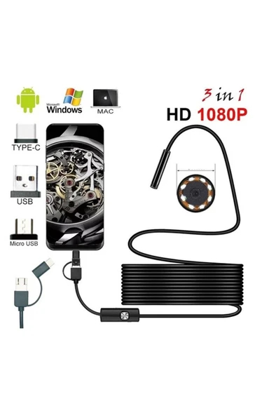 Endoskop 3 İn 1 Yılan Kamera Usb Micro Usb Type-c 20 Metre Sert Kablo ürün görseli 1