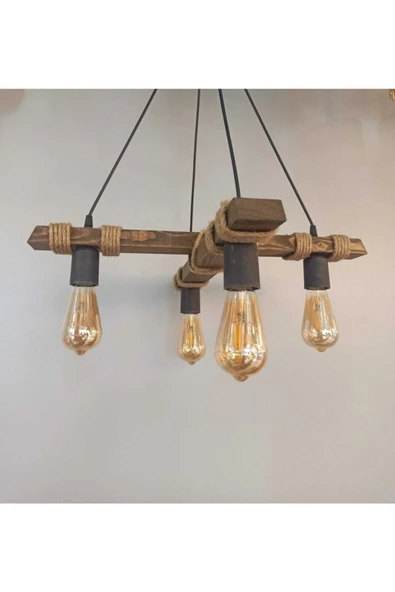 avizemguzel Avşa 4 Lü Ahşap Halatlı Rustik Modern 4 Lü Sarkıt Avize ürün görseli 1