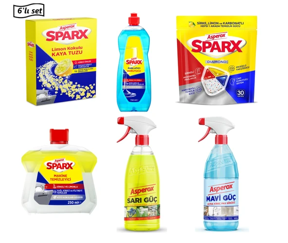 Asperox Sparx Bulaşık Makinesi Tuzu 1.5 Kg-Parlatıcısı-Tableti-Makine Temizleyicisi+Yağ Çözücü ve Kireç Sökücü(6’lı Set) ürün görseli 1