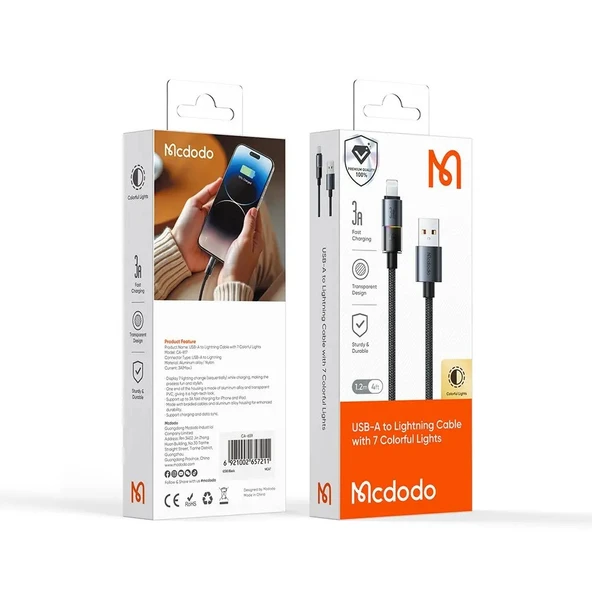 Mcdodo CA-8170 Usb iPhone 3A 7 Renkli LED Işıklı Şarj Data Kablosu - Resim 3