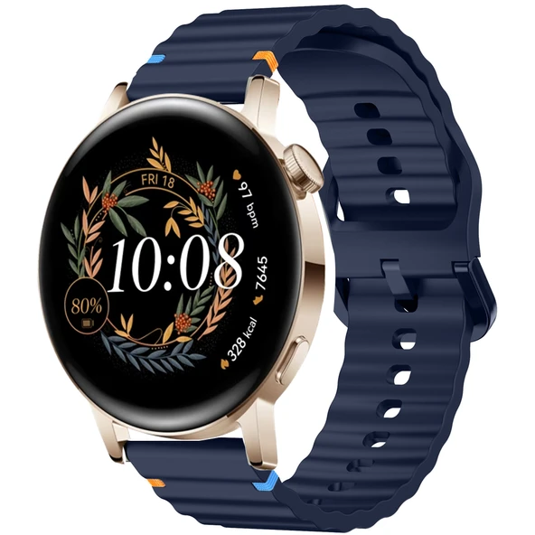 Huawei Watch GT2 GT3 42mm İle Uyumlu Dalga Desenli Tokalı Yumusaş Soft Silikon Kordon  Lacivert ürün görseli 1