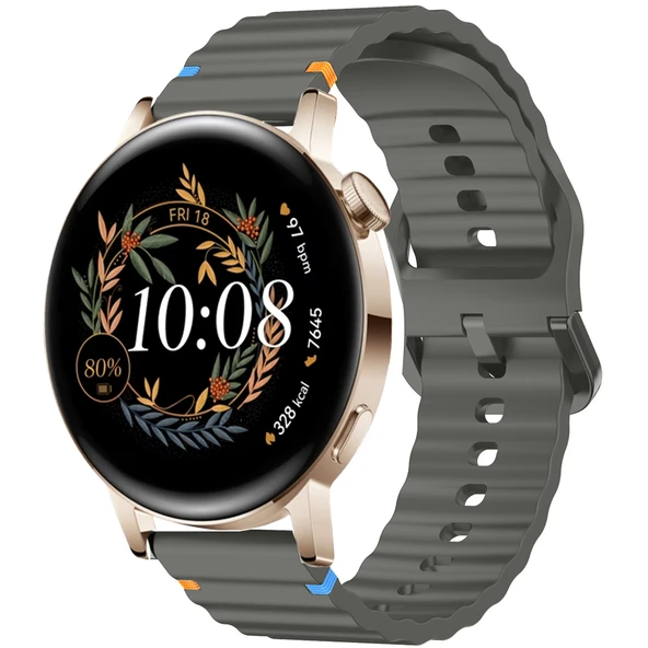 Huawei Watch GT2 GT3 42mm İle Uyumlu Dalga Desenli Tokalı Yumusaş Soft Silikon Kordon  Koyu Gri ürün görseli 1