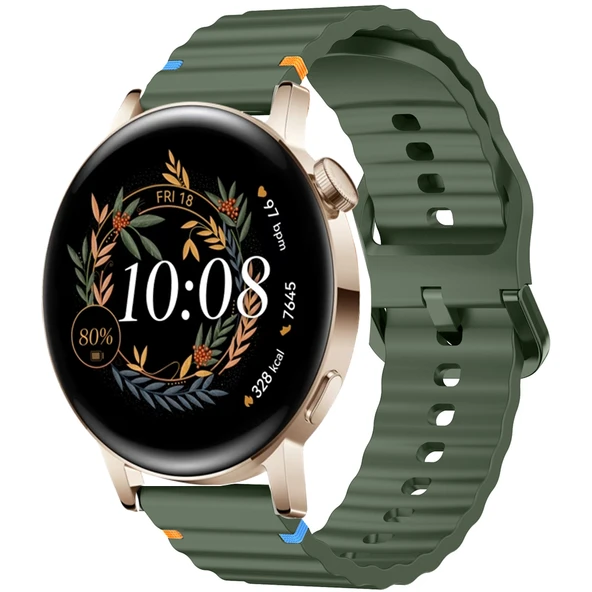 Huawei Watch GT2 GT3 42mm İle Uyumlu Dalga Desenli Tokalı Yumusaş Soft Silikon Kordon  Haki ürün görseli 1