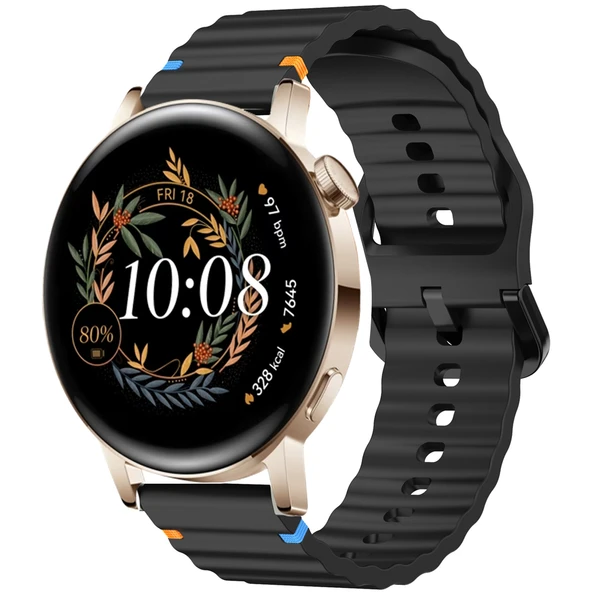 Huawei Watch GT2 GT3 42mm İle Uyumlu Dalga Desenli Tokalı Yumusaş Soft Silikon Kordon  Siyah ürün görseli 1