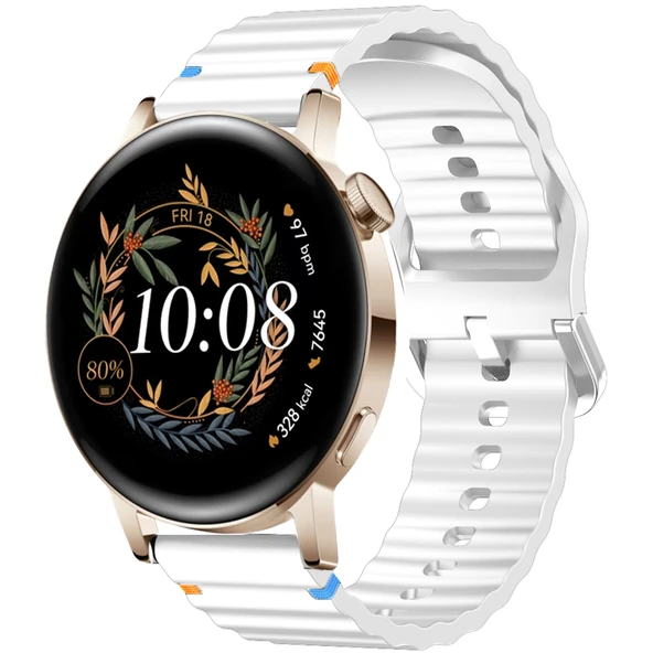 Huawei Watch GT2 GT3 42mm İle Uyumlu Dalga Desenli Tokalı Yumusaş Soft Silikon Kordon  Beyaz ürün görseli 1