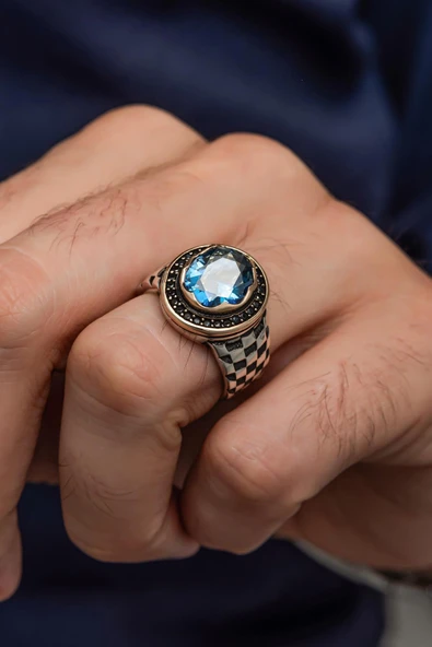 Mistik Topaz Taşlı Kordon Desenli 925 Gümüş Erkek Yüzük ürün görseli 1