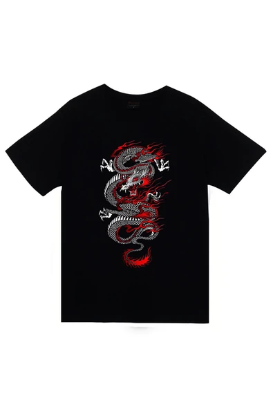 fame-stoned Dragon (Ejderha) Baskılı Unisex %100 Pamuk Siyah T-shirt ürün görseli 1