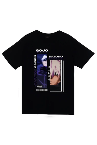 fame-stoned Jujutsu Kaisen Satoru Gojo Anime Baskılı Unisex %100 Pamuk Siyah T-shirt ürün görseli 1