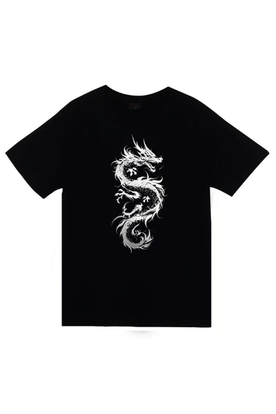 fame-stoned Dragon (Ejderha) Baskılı Unisex %100 Pamuk Siyah T-shirt ürün görseli 1