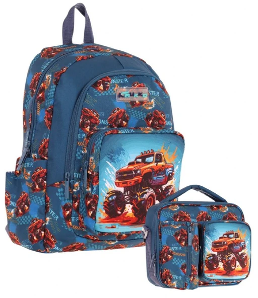 Kaukko Kids Arazi Aracı Erkek Çocuk Yeşil Kırmızı Okul Çantası ve Beslenme Çanta Takımı ürün görseli 1