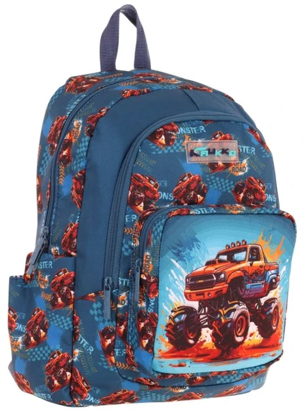 Kaukko Kids Üç Bölmeli (Yeşil Kırmızı - Arazi Aracı Baskılı) Erkek Çocuk Okul ve Günlük Sırt Çantası - L5282 ürün görseli 1