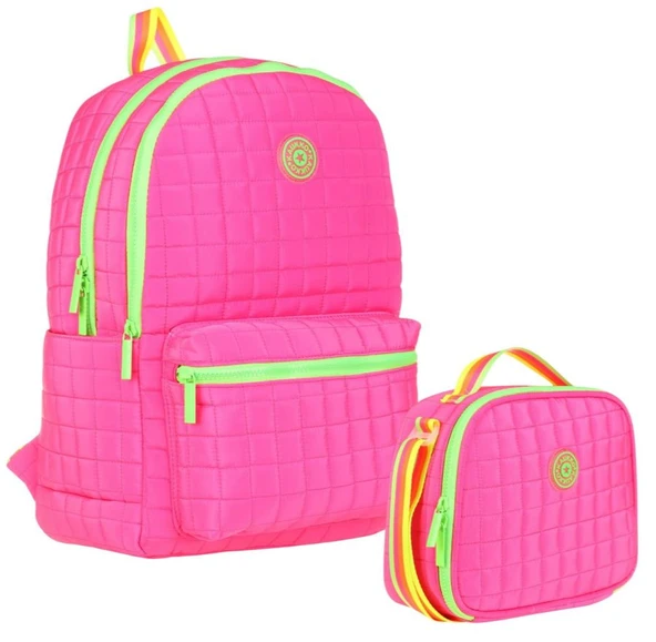Kaukko Kız Çocuk Kapitone Detaylı Pembe Yeşil Okul Çantası ve Kalemlik Seti(K1771+K9046) ürün görseli 1