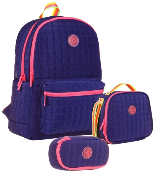 Kaukko Quilted Lacivert Pembe Kapitone Üçlü Okul Çantası Seti - Kız Çocuk ürün görseli 1