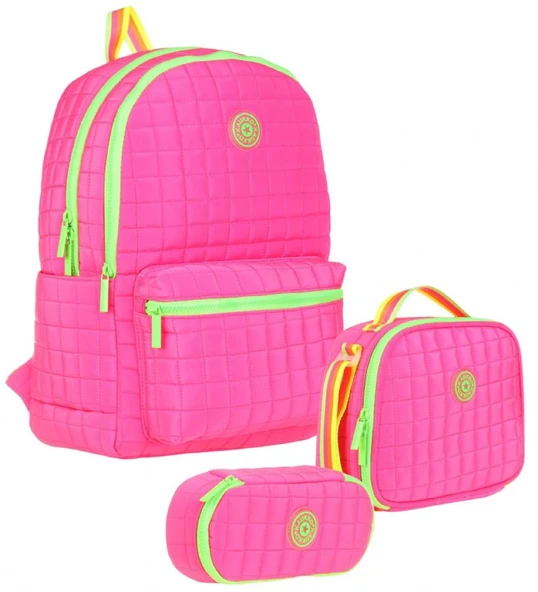 Kaukko Quilted Pembe Yeşil Kapitone Üçlü Okul Çantası Seti - Kız Çocuk ürün görseli 1