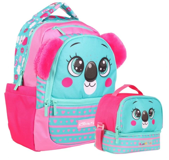 Kaukko Kids Sevimli Koala Şekilli Kız Çocuk Okul Çantası ve Beslenme Çantası Seti - Yeşil Kırmızı ürün görseli 1