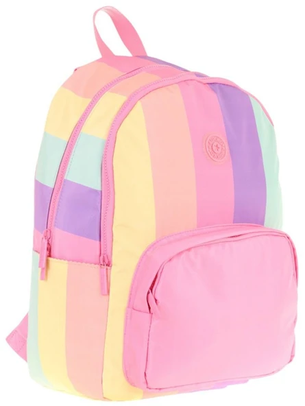 Kaukko Rainbow Kız Çocuk Üç Bölmeli İlkokul ve Ortaokul Çantası - Pembe Çok Renkli Çizgili - K1802 ürün görseli 1