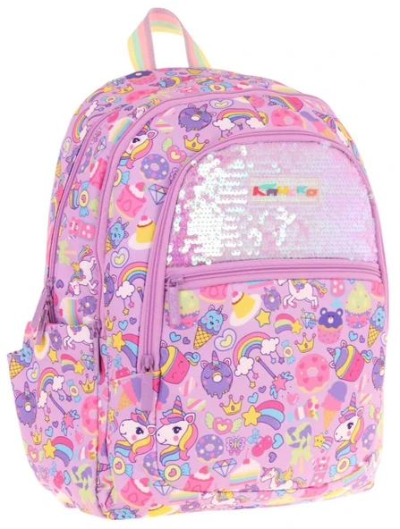 Kaukko Kids Kız Çocuk (Lila - Pullu Sweet Desenli) Dört Gözlü Okul Sırt Çantası - L5215 ürün görseli 1