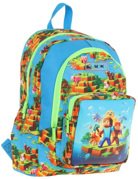 Kaukko Kids Üç Bölmeli (Mavi Yeşil - Craft Baskılı) Erkek Çocuk Okul ve Günlük Sırt Çantası - L5280 ürün görseli 1