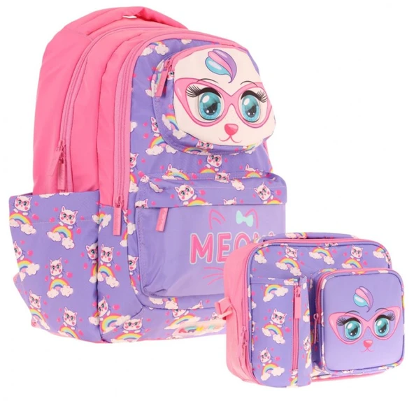 Kaukko Kız Çocuk 3D Kedi Şekilli Mor Pembe Okul Sırt Çantası ve Isı Yalıtımlı Beslenme Çantası Seti ürün görseli 1