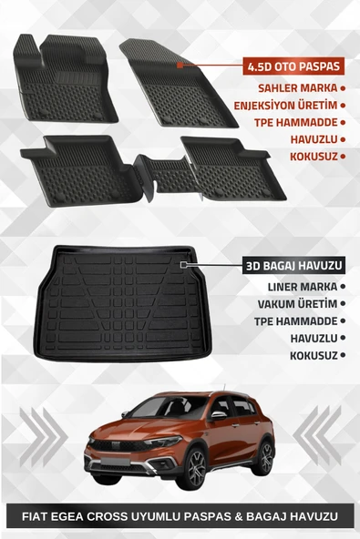 Sahler Fıat Egea Cross 2020+ Uyumlu 4.5D Premium Havuzlu Oto Paspas ve Liner Marka 3D Bagaj Havuzu ürün görseli 1