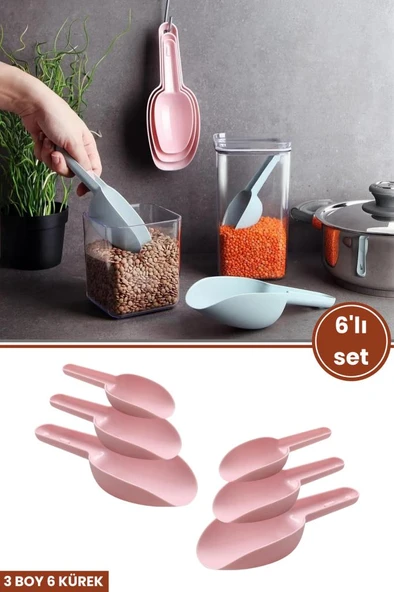 6 Adet Baharat Küreği, Un Şeker Bakliyat Kakao Mama Deterjan Erzak Kaşığı 6’lı Set 2x(3 Boy) Pembe ürün görseli 1