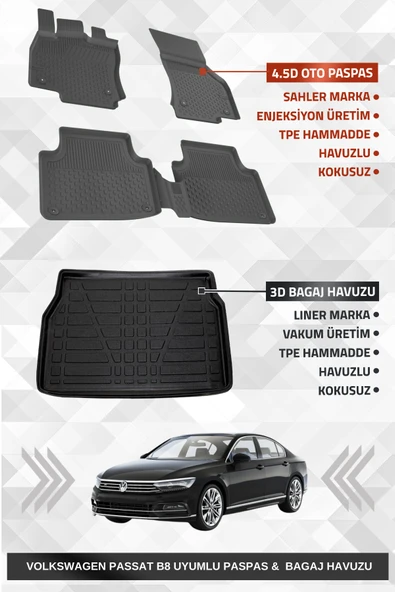 Sahler Volkswagen Passat B8 2015-2023 Uyumlu 4.5D Premium Havuzlu Oto Paspas ve Liner Marka 3D Bagaj Havuzu ürün görseli 1