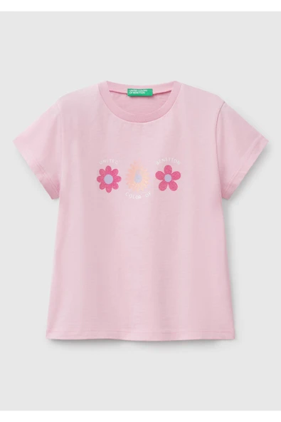 Kız Çocuk Pembe Simli Benetton Logo Baskılı T-Shirt ürün görseli 1