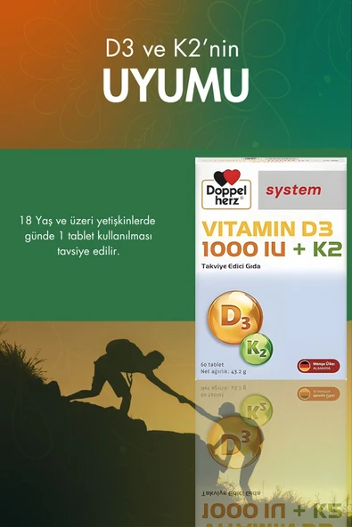 Doppelherz Vitamin D3 1000 IU + K2 60 Tablet - Resim 3