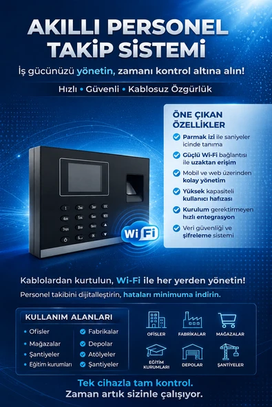 Wifi kablosuz Kartlı Parmak izi Personel Takip Cihazı-Maaş Programı - (10 KART DAHİL) ürün görseli 1