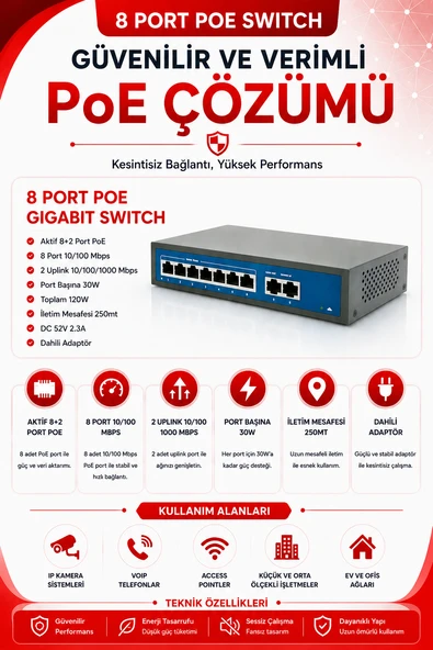 8 Port 10/100/1000MBPS 8+2 Gigabit Poe Switch ürün görseli 1