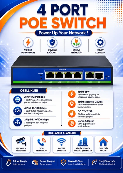 4 Port 10/100MBPS 4+2 Poe Switch ürün görseli 1