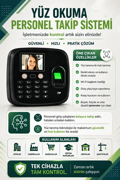 KABLOSUZ-WİFİ KARTLI YÜZ OKUMA PERSONEL TAKİP-MAAŞ PUANTAJ  PROGRAMI - (10 KART DAHİL ürün görseli 1