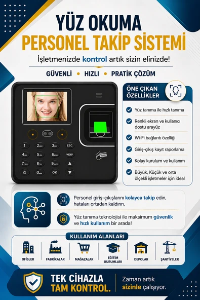 KABLOSUZ-WİFİ KARTLI YÜZ OKUMA PERSONEL TAKİP-MAAŞ PUANTAJ YAZILIMI - (10 KART DAHİL) ürün görseli 1
