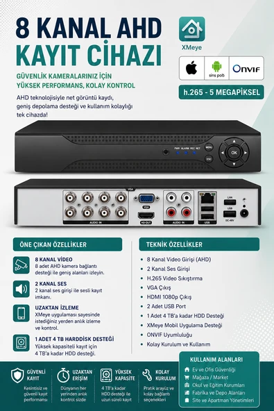 8 Kanal 5mp Ahd Dvr Xmeye Kayıt Cihazı ürün görseli 1