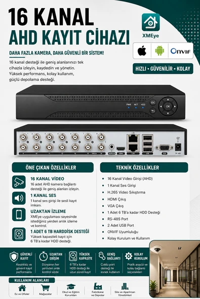 Linas 4016 16 Kanal Ahd Dvr Xmeye Kayıt Cihazı ürün görseli 1
