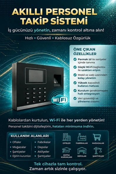 Wifi Kablosuz Kartlı Parmak izi Personel Takip Cihazı-Web Giriş Çıkış Yazılım - (10 KART DAHİL) ürün görseli 1