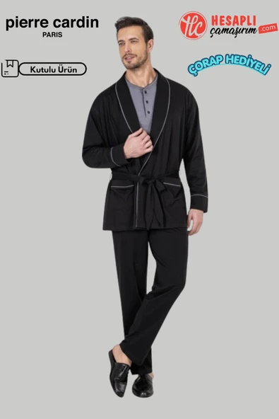 Pierre Cardin Premium Robdöşambırlı Pamuk Uzun Kollu Pijama Atlet Boxer Çorap Kutulu Damat Çeyiz Set ürün görseli 1