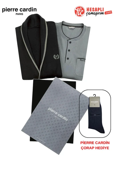 Pierre Cardin Paris Premium Erkek Triko Sabahlık Pamuklu Uzun Kollu 3'lü Damat Çeyiz Kutulu Pijama Takım Çorap Hediyeli ürün görseli 1