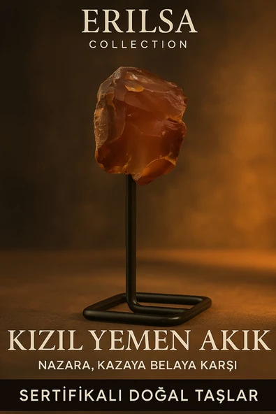 Sertifikalı Doğal Ham Kızıl Yemen Akiği Taşı Standlı Obje – Güç, Koruma ve Yaşam Enerjisi ürün görseli 1