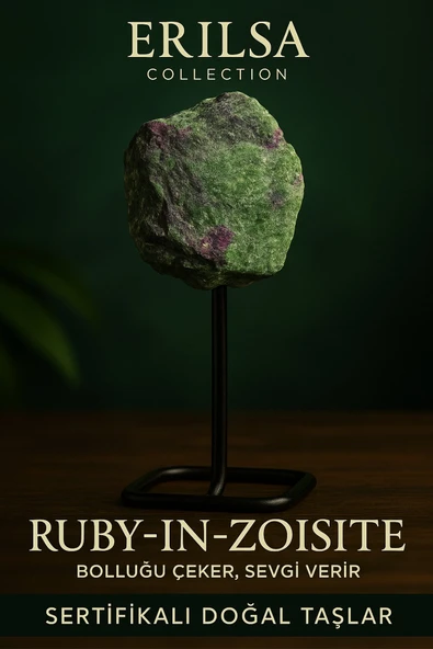 Sertifikalı Doğal Ham Ruby Yakutlu Zoisit Taşı Standlı Obje – Tutku, Dönüşüm ve Güç Taşı ürün görseli 1